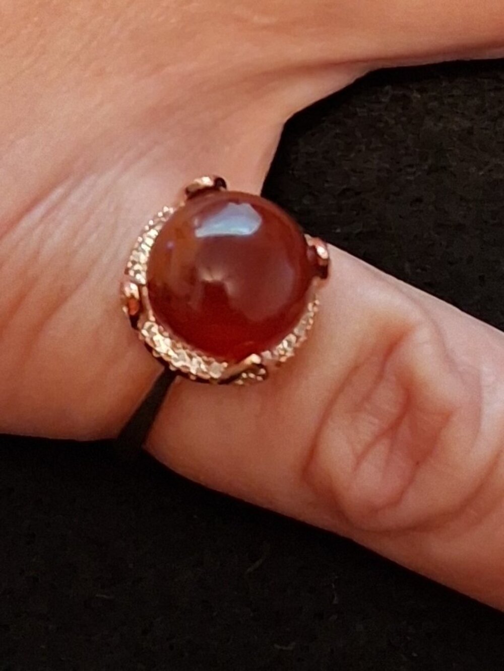 Vintage 18K RGP Red Carnelian Cabochon Cocktail Statement Ring Size 5.5